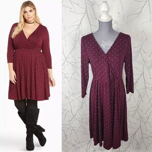 Torrid Burgundy Dot Print Stretch Surplice Skater Dress
